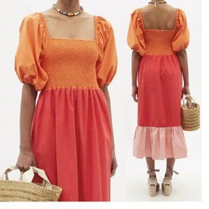 RHODE Eloise Colorblock Smocked Strawberry Multi Midi Dress